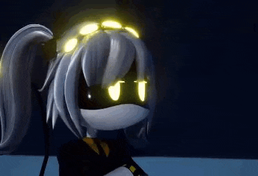 a cartoon character with glowing eyes and a ponytail is wearing a mask .