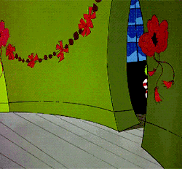 a cartoon drawing of a green room with flowers on the wall