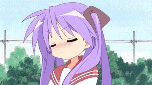 a girl with purple hair and a red and white school uniform