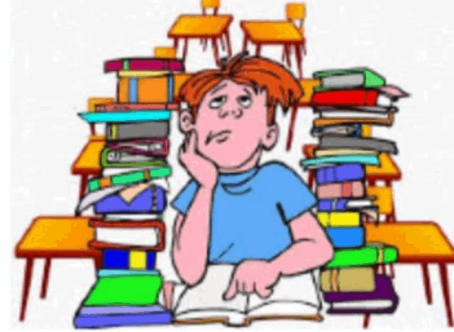 a cartoon of a boy sitting at a desk surrounded by stacks of books