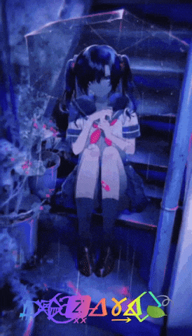 a girl with pigtails sits on a set of stairs holding an umbrella in the rain with the letters aza behind her