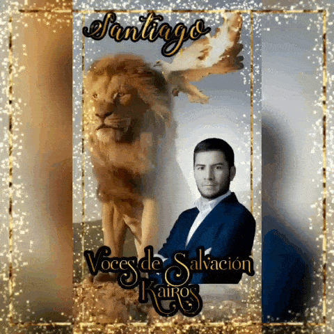 a man in a suit stands in front of a lion with the name santiago written on it