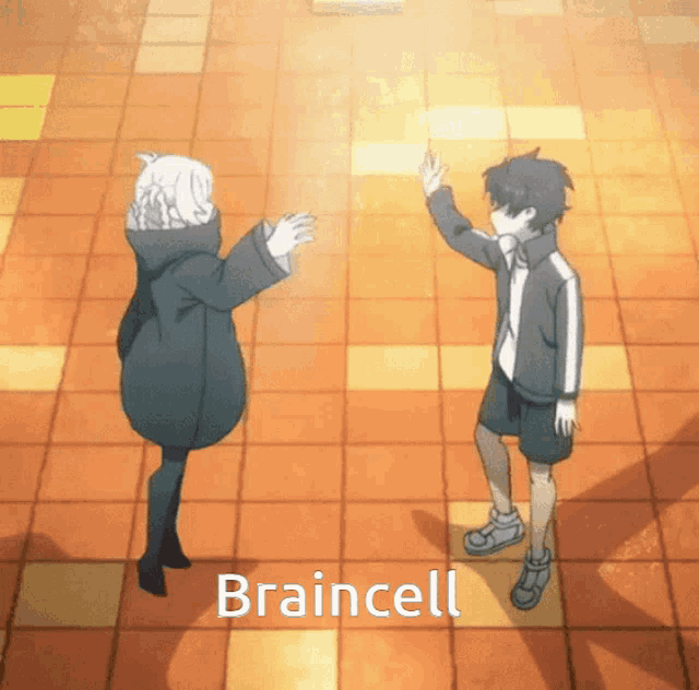 a couple of anime characters standing next to each other with the words braincell written on the bottom