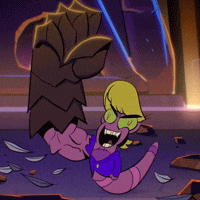 a cartoon worm is laying on the ground with a claw