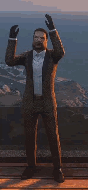 a man in a suit and tie is standing on a balcony with his arms outstretched .