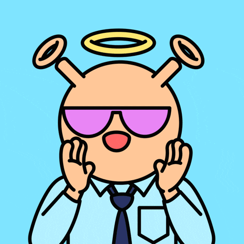 a cartoon character wearing sunglasses and a tie has a halo around his head