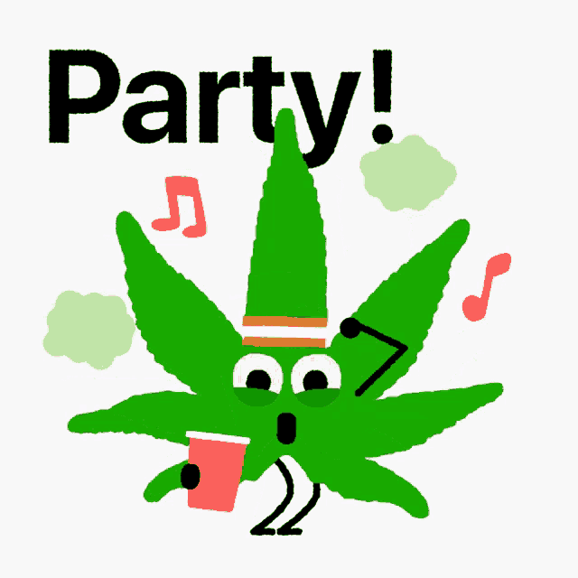 a cartoon marijuana leaf singing a song with the words party written below it