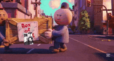a cartoon character is carrying a wooden box that says box of unmocs