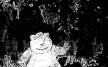 a black and white drawing of a hippopotamus standing in a field .