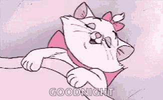 a cartoon cat with a pink bow on its head is laying down and yawning .