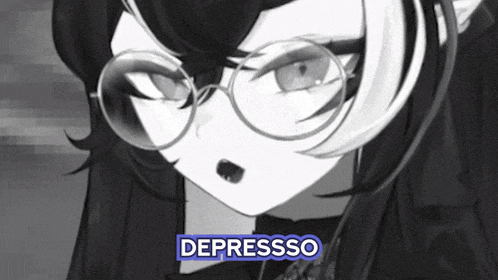 a black and white drawing of a girl with glasses and the word depresso written above her