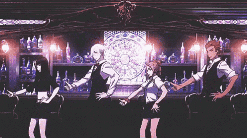 a group of anime characters are dancing in a dark room