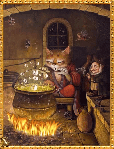 a painting of a cat cooking in a cauldron surrounded by gnomes