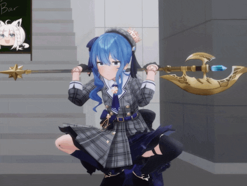 a girl with blue hair is holding a sword in front of a sign that says " bar "