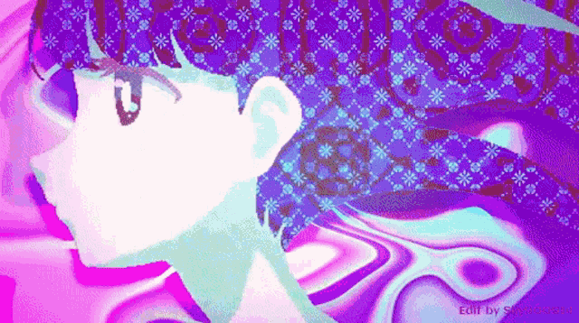 a pixel art of a girl with purple hair and a purple background