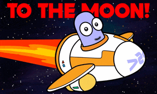 a cartoon character on a rocket with the words " to the moon " above him