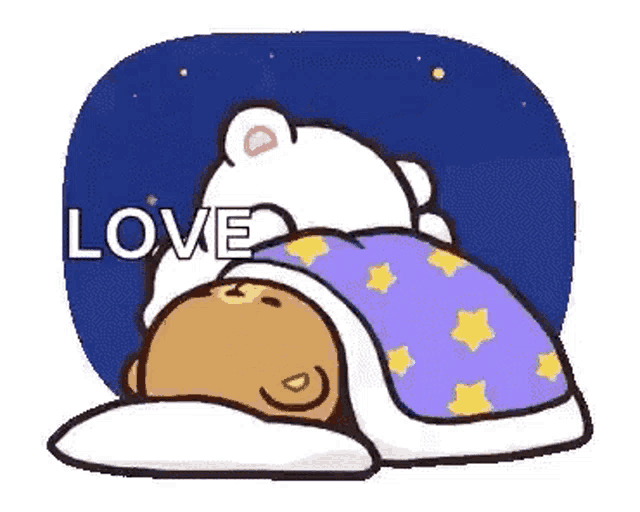 a cartoon bear is sleeping under a blanket with a polar bear .
