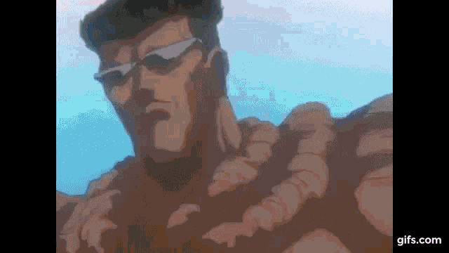 a cartoon character with sunglasses on is standing in the desert .