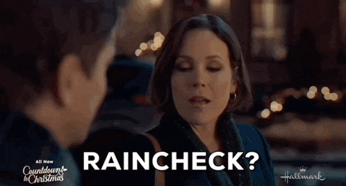 a countdown to christmas poster with a woman and a man and the words raincheck