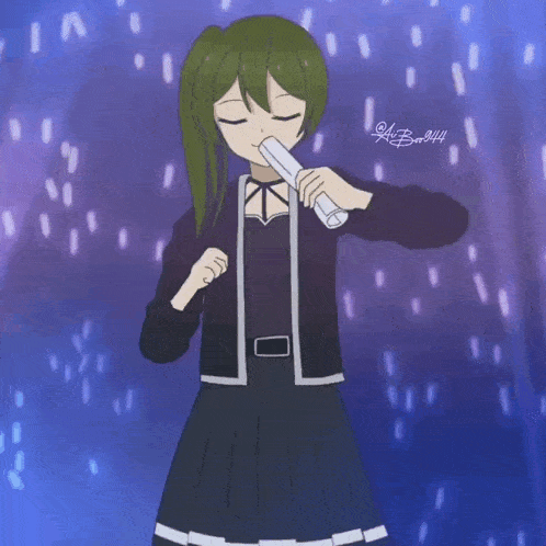 a drawing of a girl holding a microphone with the number 044 on the bottom right