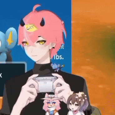 a cartoon character with pink hair and horns is holding a nintendo switch .