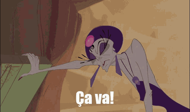 a cartoon character says ca va on the bottom right