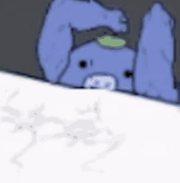 a cartoon drawing of a blue elephant laying on its back on a white surface .
