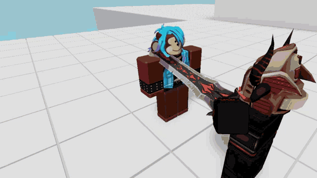 a video game character is holding a large sword and a blue item
