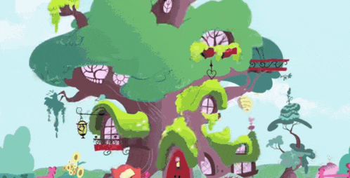 a cartoon drawing of a tree house with many windows