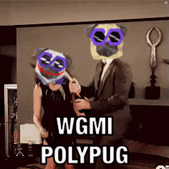 a man in a suit is holding a woman with a pug head on her head ..