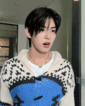 a young man wearing a blue and white sweater stands in front of a door that says tuesday
