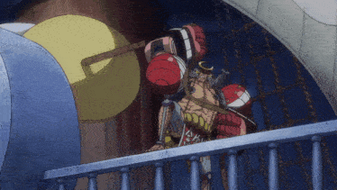 a cartoon character is standing on a balcony and his shirt says ' samurai '