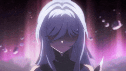 a girl with purple hair is standing in front of a purple background