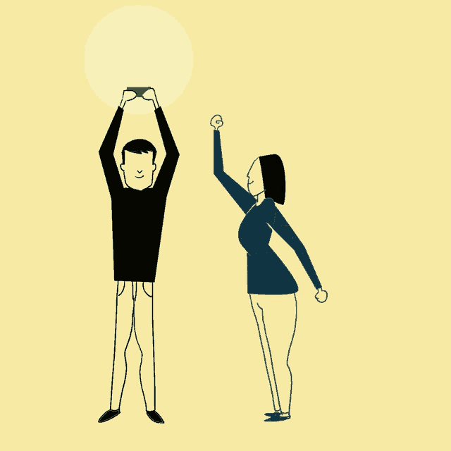 a man is holding a light bulb over his head while a woman holds her fist up in the air