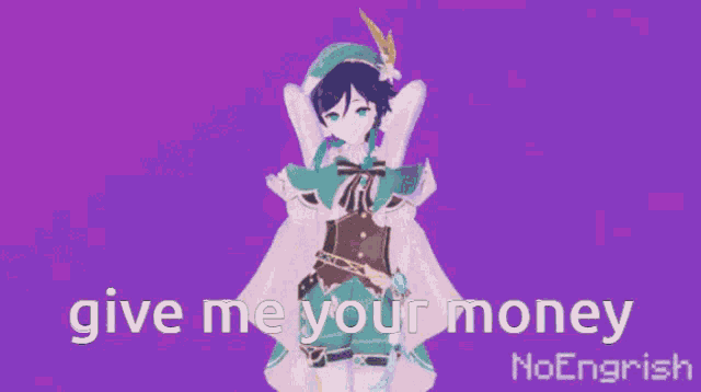 a purple background with a cartoon character and the words " give me your money "