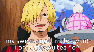 sanji from one piece is holding a tray with a teapot on it