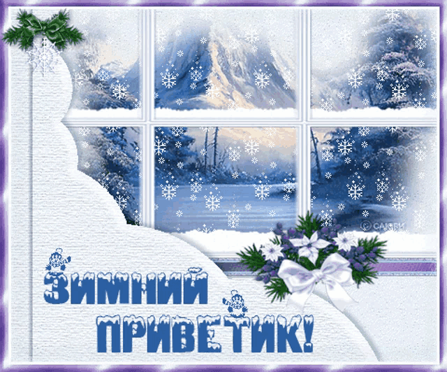 a picture of a window with snowflakes and the words " зимний приветик " in blue