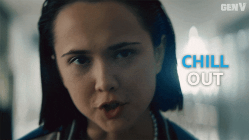 a close up of a woman 's face with the words chill out behind her
