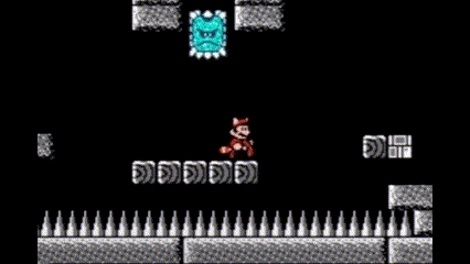 a video game character is walking across a brick wall in a dark room .