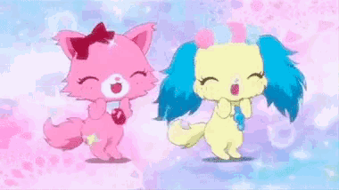 two cartoon characters , a pink cat and a yellow dog , are dancing together .