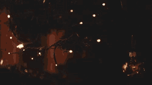 a christmas tree with lights hanging from it and a red background