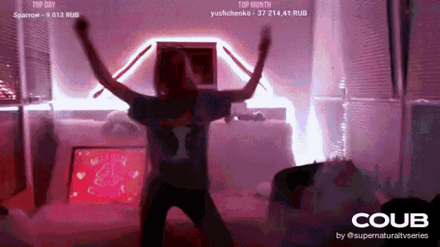 a woman is dancing in a room with the word coub on the bottom