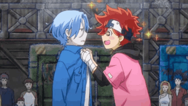a couple of anime characters are standing next to each other .