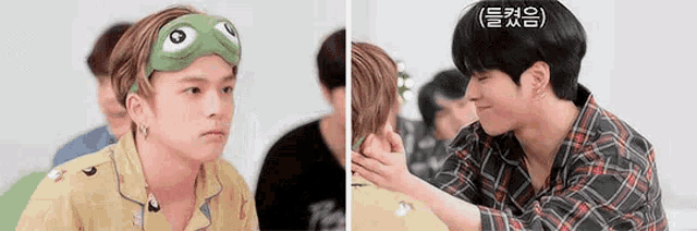 a man wearing a frog mask and a man in a plaid shirt are sitting next to each other in a room .