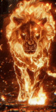 a lion that is covered in flames walking