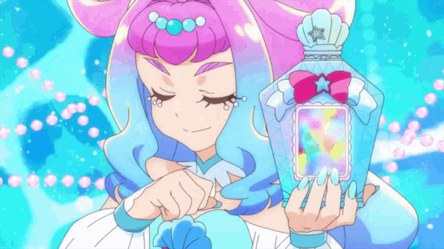 a girl with pink hair is holding a blue bottle with a star on top