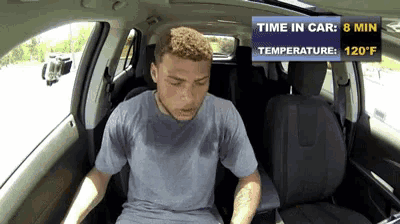 a man is sweating in the back seat of a car with a time in car of 8 minutes and a temperature of 120 degrees