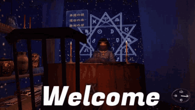 a welcome screen with a woman sitting at a table with candles