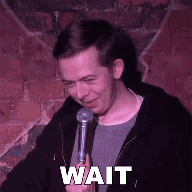 a man is holding a microphone in front of a brick wall and says wait .