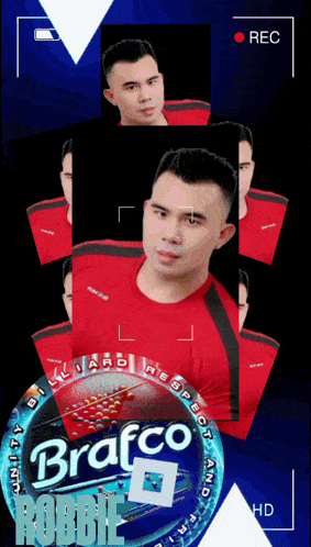 a picture of a man in a red shirt with the words brafco robbie on the bottom